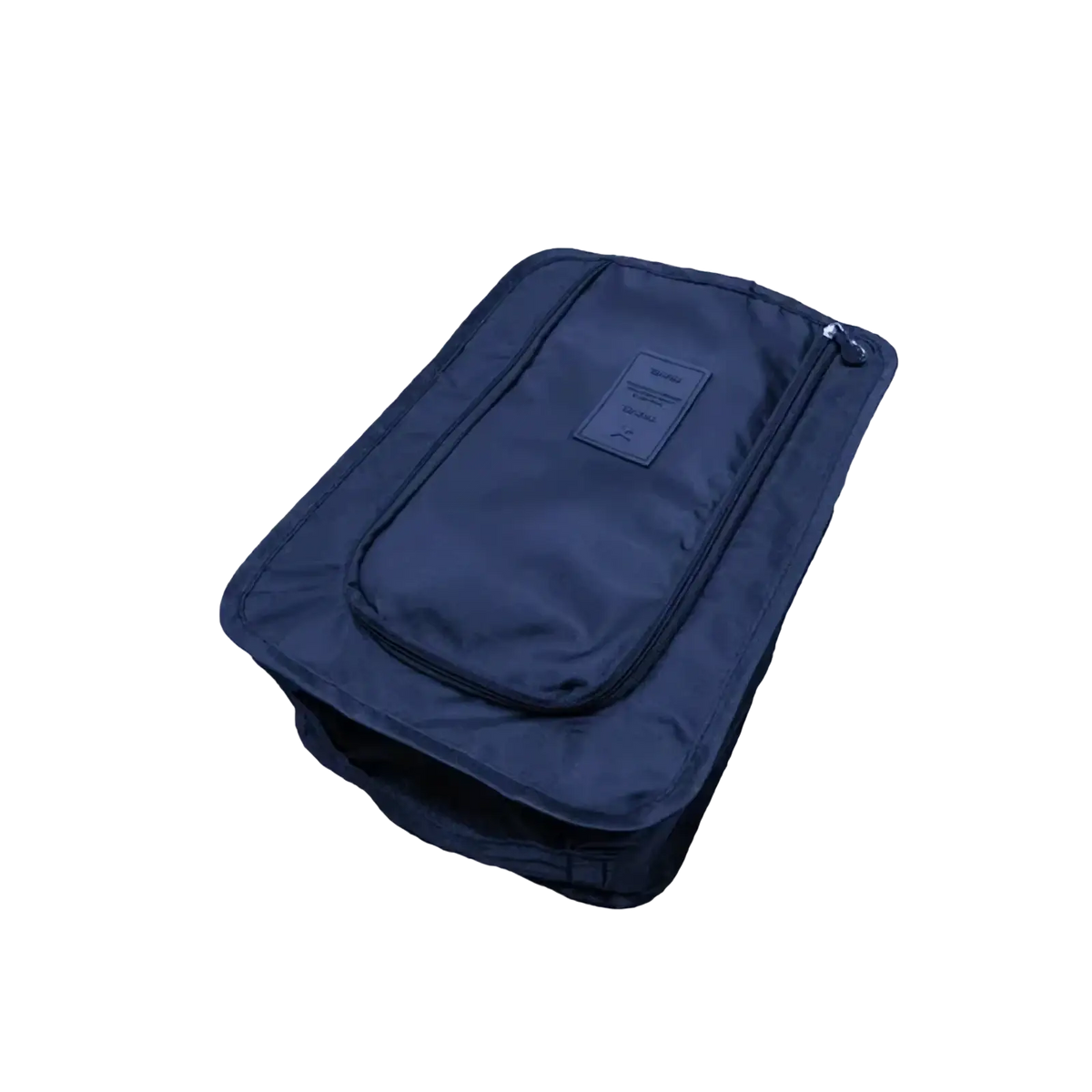 Navy blue waterproof travel shoe storage bag with front zippered pocket and small rectangular label on flap