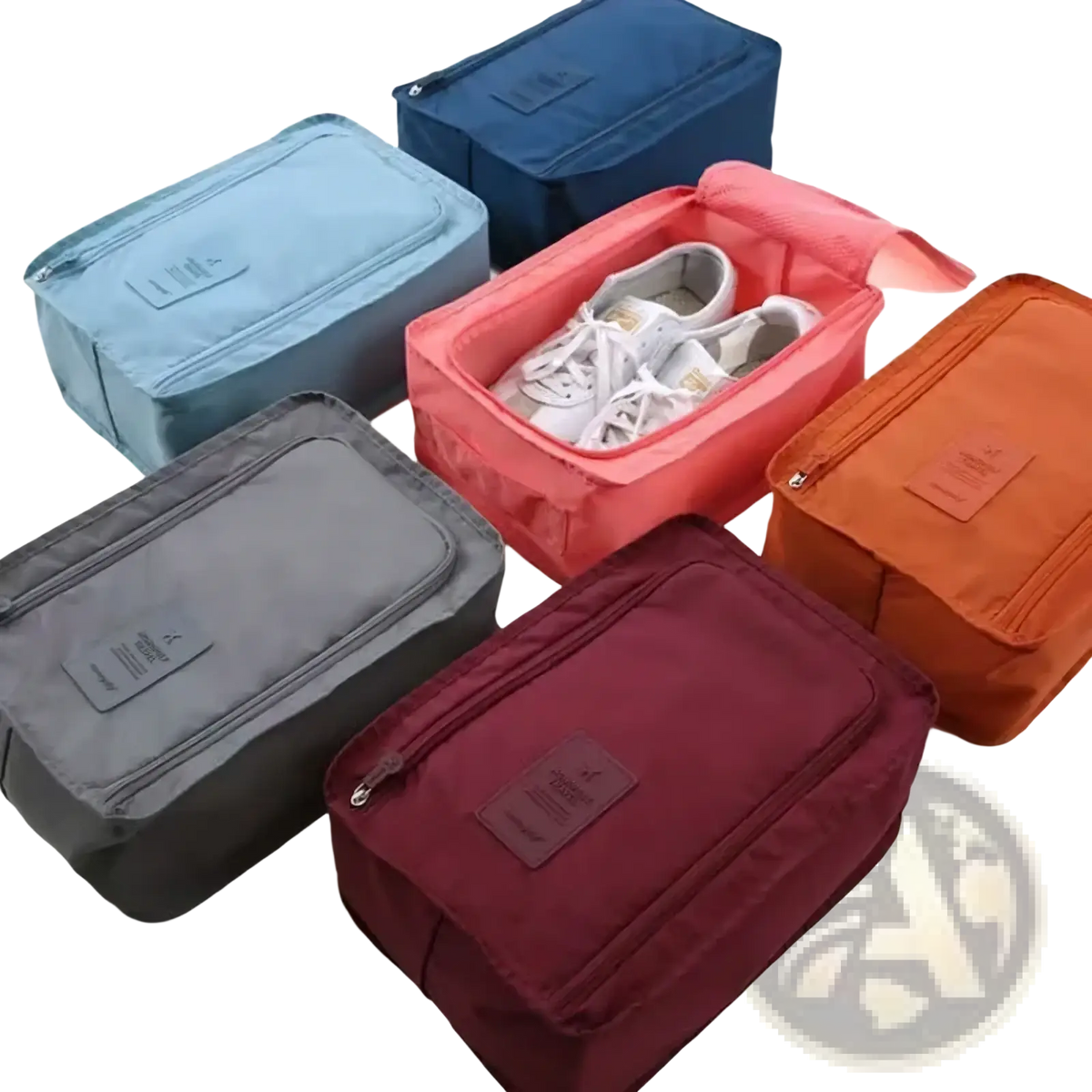 A set of six colorful durable fabric waterproof travel shoe storage bags with zipper closures and leather-like patches