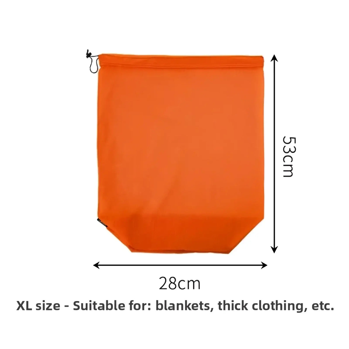 Bright orange waterproof travel toiletry bag with drawstring closure, lightweight organizer, 53cm tall and 28cm wide