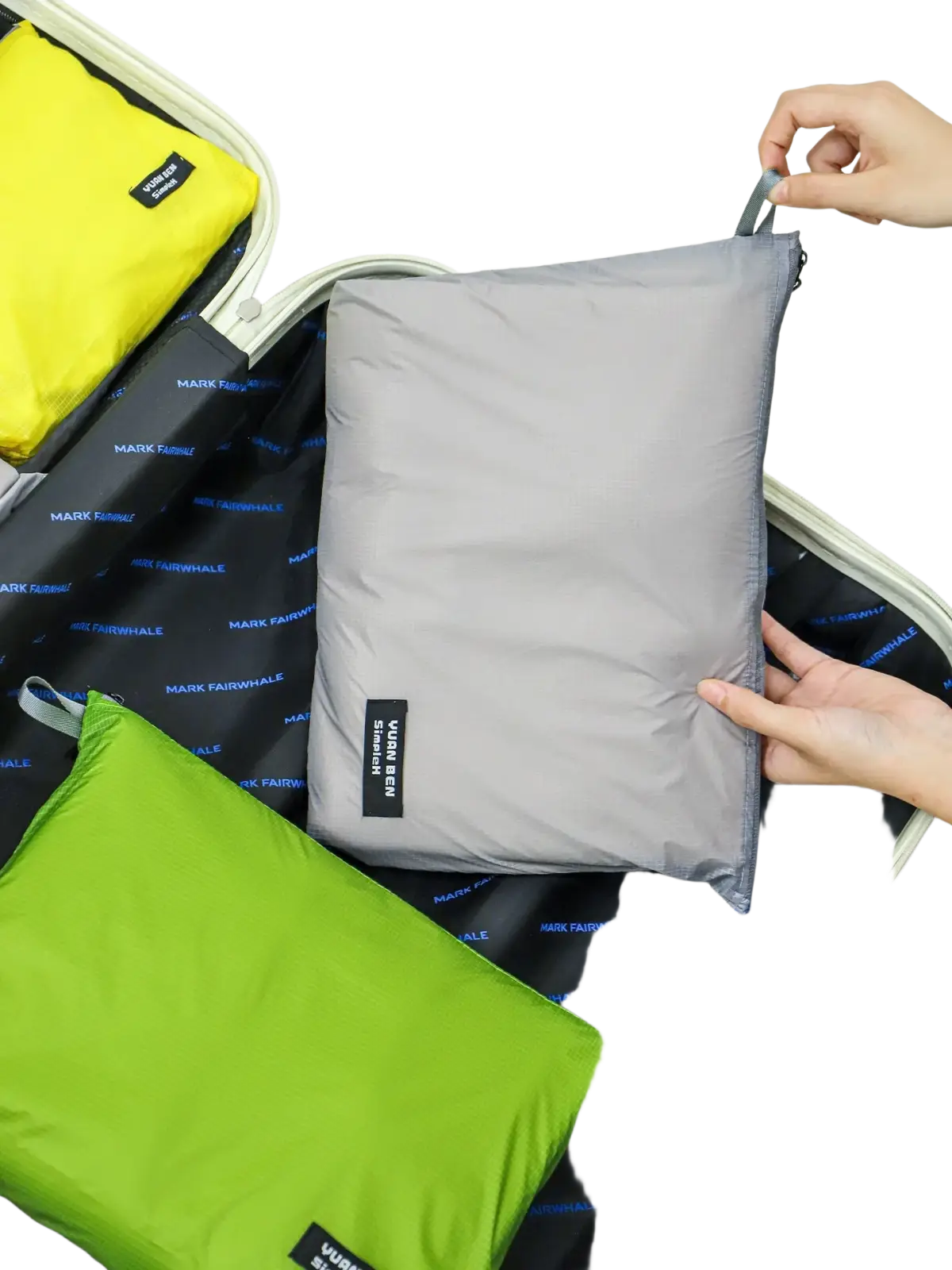 Gray lightweight waterproof travel toiletry bag made of fabric with mark fairwhale label and zipper closure