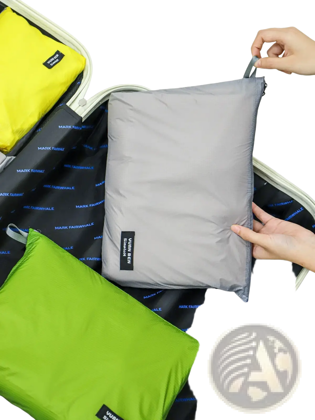 Gray lightweight waterproof travel toiletry bag made of fabric with mark fairwhale label and zipper closure
