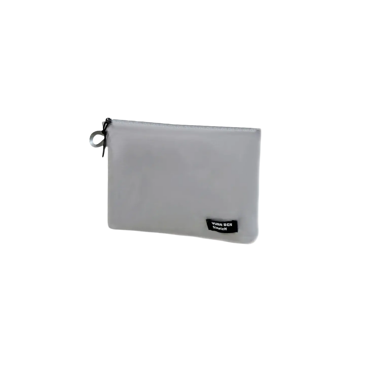 Gray waterproof travel toiletry bag made of smooth translucent material with black zipper pull tab and small label