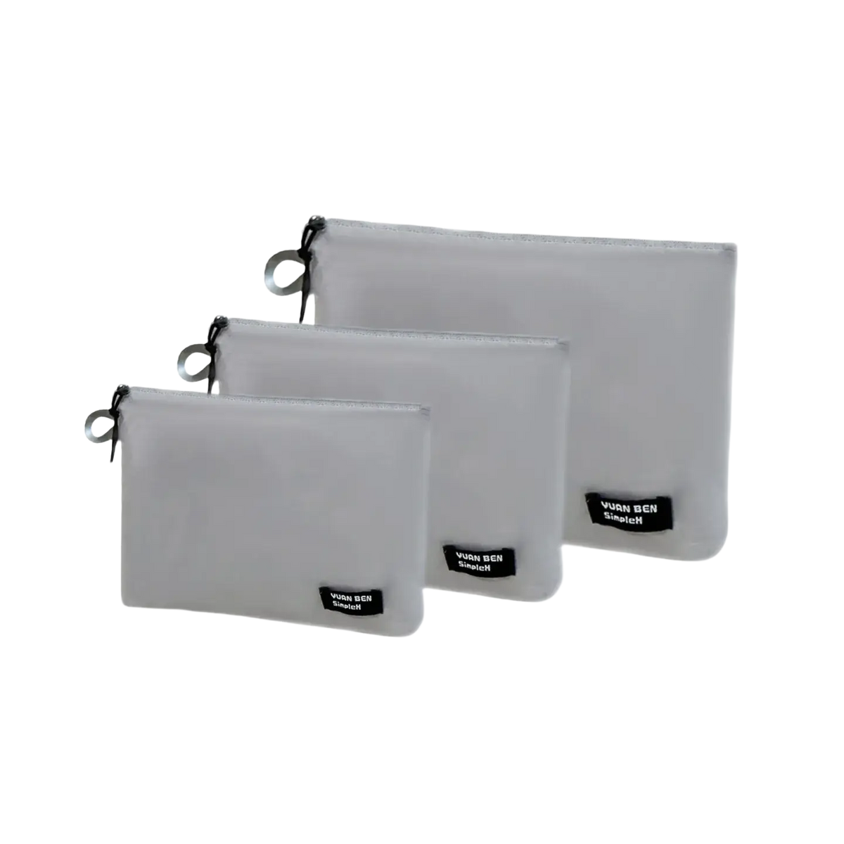 Gray translucent waterproof travel toiletry bag set of three lightweight zipper pouches labeled vuon ben simpleh