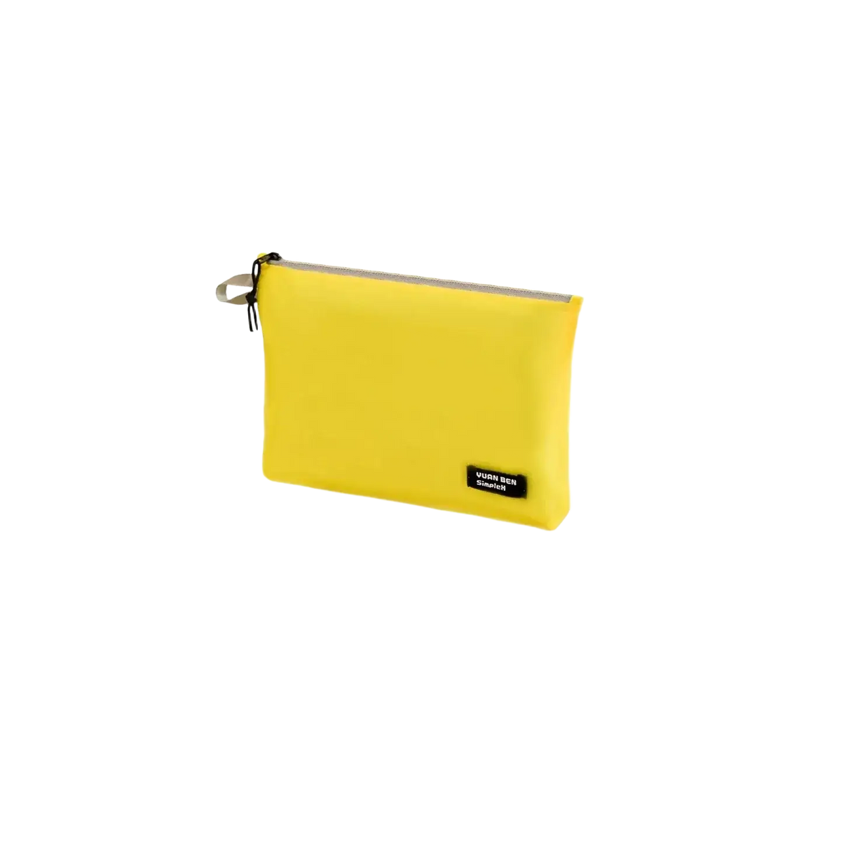 Lemon yellow small waterproof travel toiletry bag made of smooth synthetic fabric with silver zipper pull and black label
