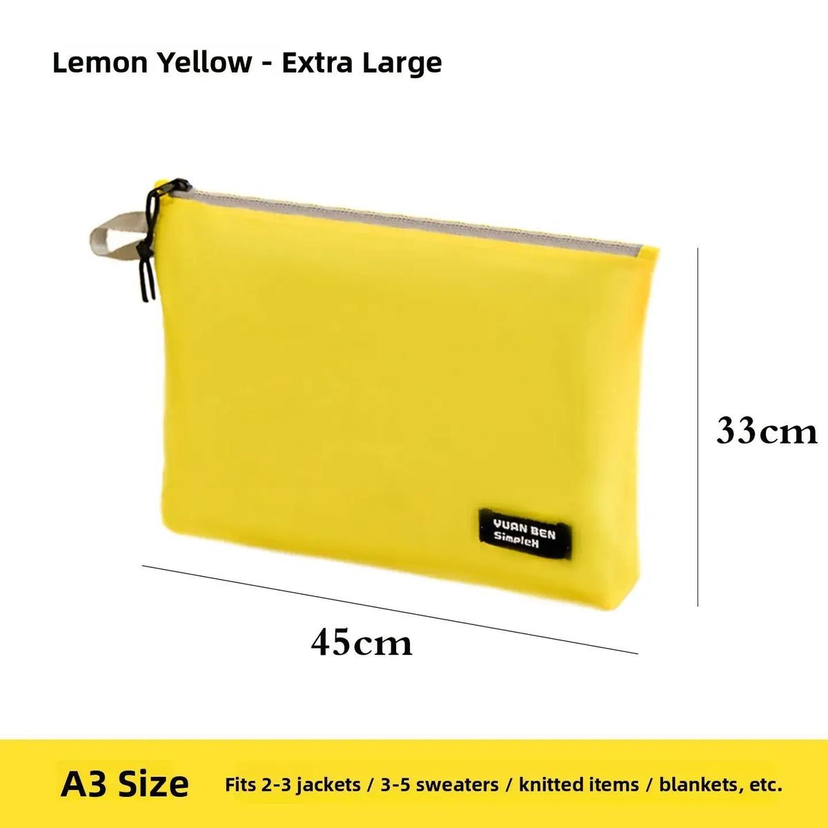 Lemon yellow extra large a3 waterproof travel toiletry bag with black fabric pull tab and small black brand label