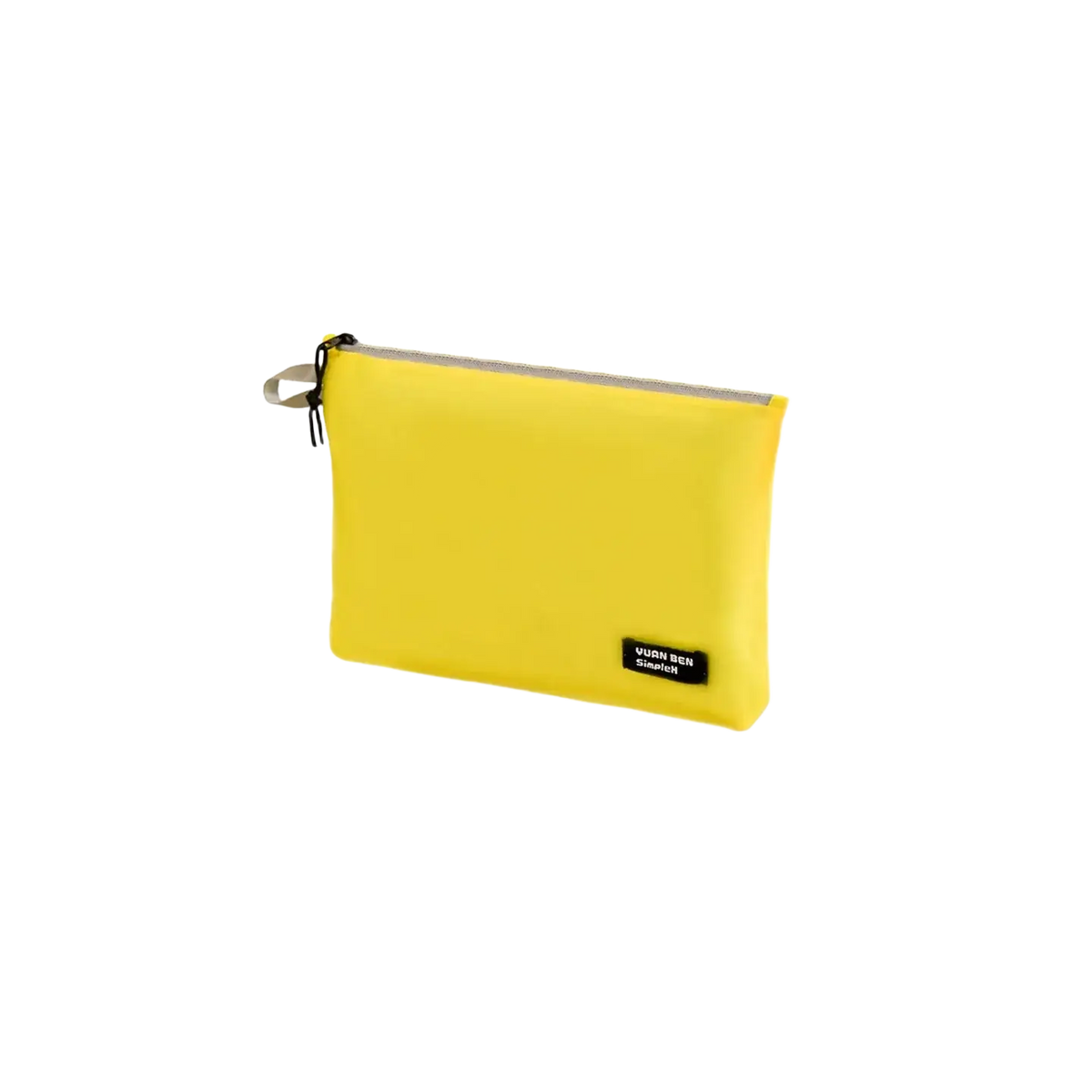 Lemon yellow waterproof travel toiletry bag made of smooth synthetic fabric with black zipper pull tab and branded label