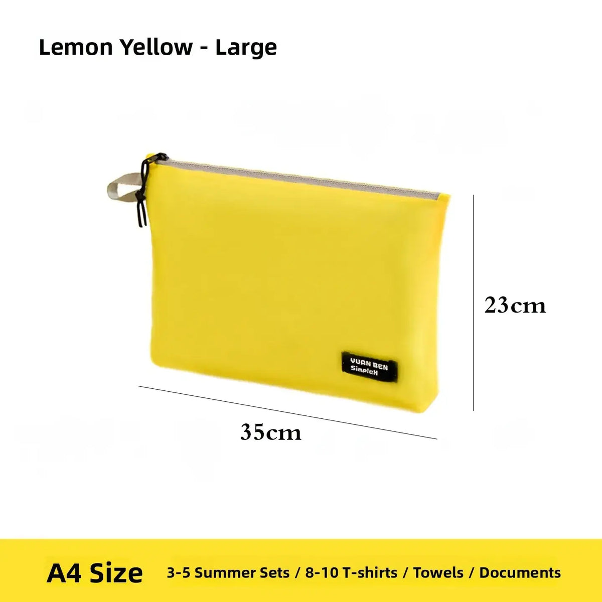 Lemon yellow a4-sized waterproof travel toiletry bag made of smooth synthetic fabric with black zipper pull tab