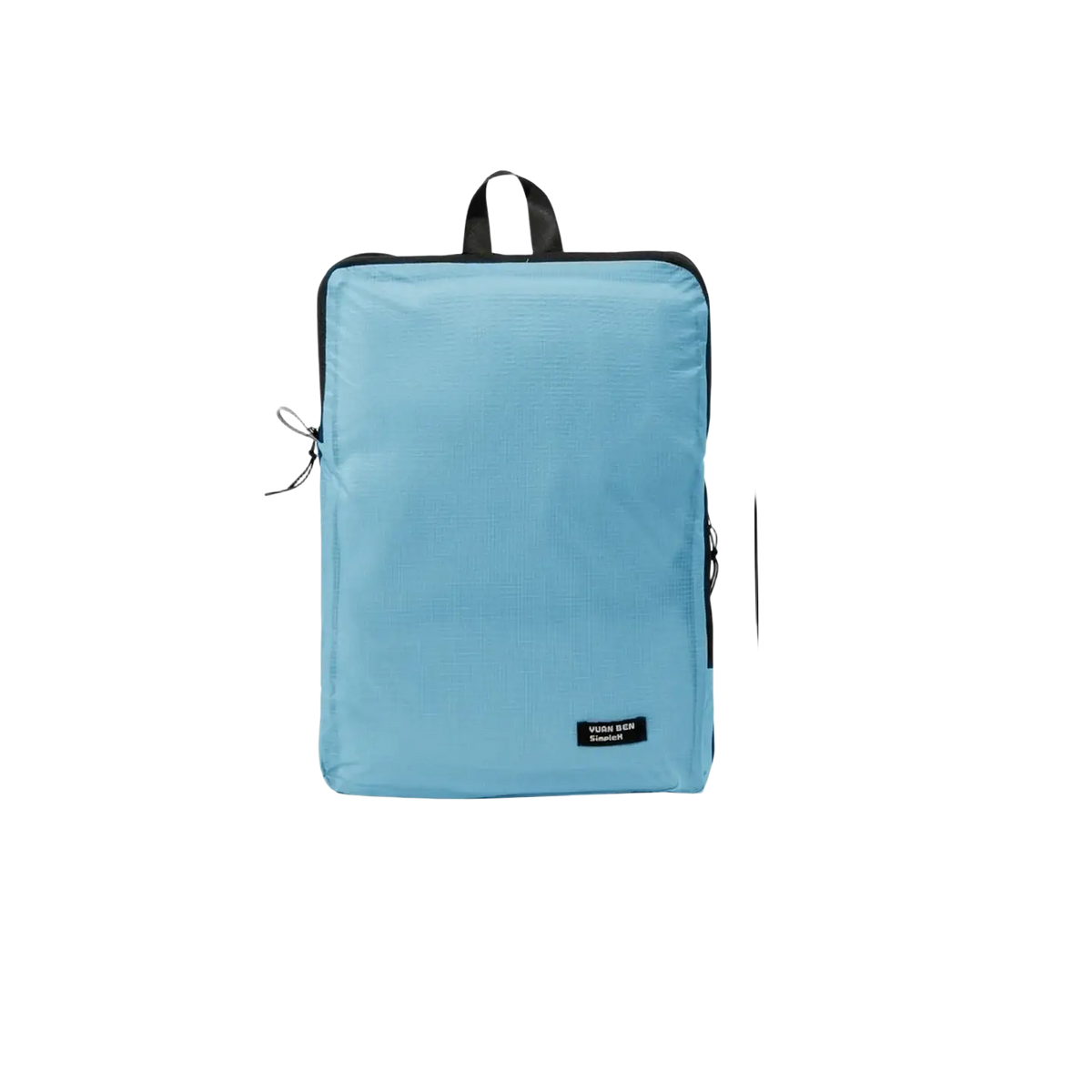 Light blue waterproof travel toiletry bag with black trim and handles compact and lightweight organizer