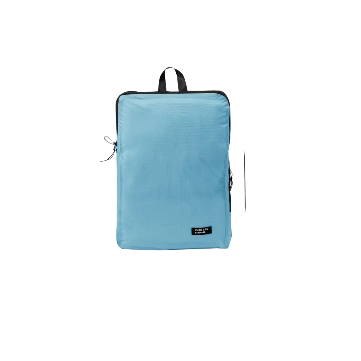 Light blue lightweight fabric packing cube with black trim and handles for waterproof travel toiletry bag organizer