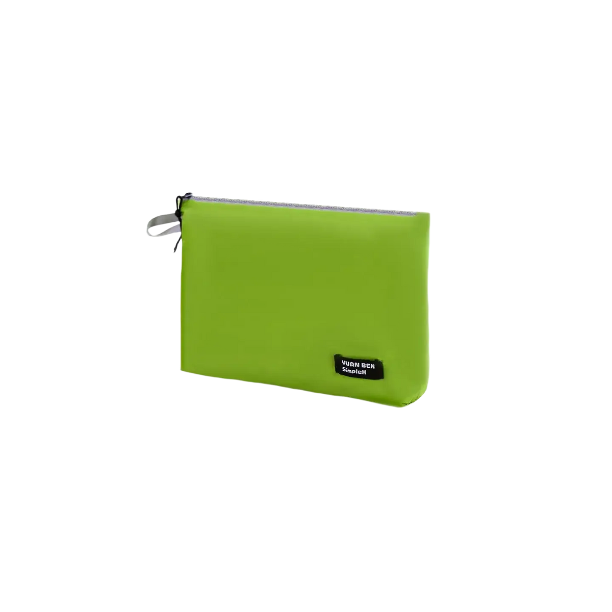 A medium-sized vibrant Tanzania green waterproof travel toiletry bag with a black brand label and silver zipper pull