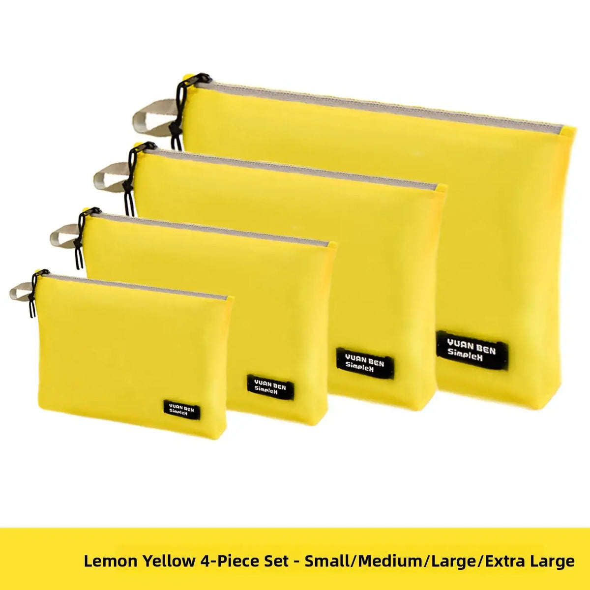 Set of four lemon yellow waterproof travel toiletry bags with zipper in small to extra-large sizes for organization