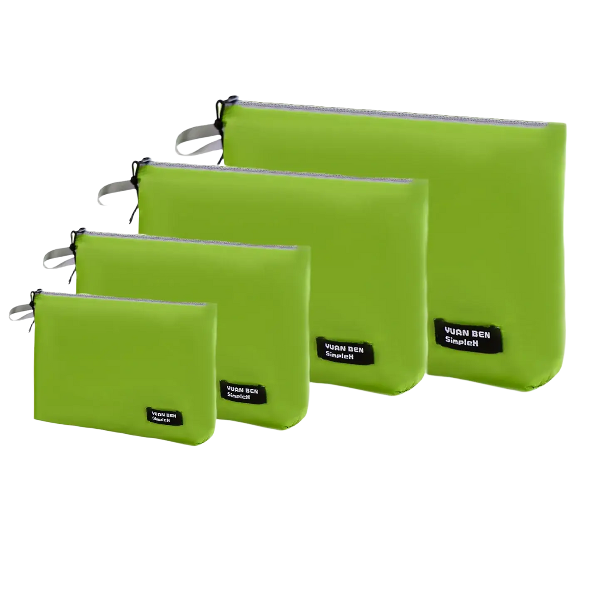 Set of four lime green lightweight nylon waterproof travel toiletry bags in small to extra large sizes for organization