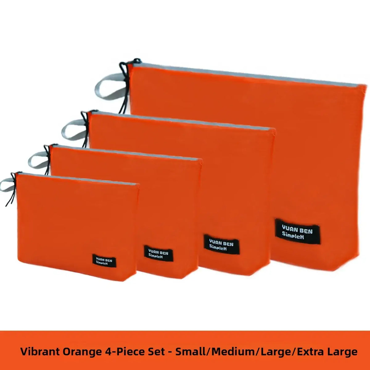 Set of four vibrant orange waterproof travel toiletry bags with zippered closures in multiple sizes for lightweight organization