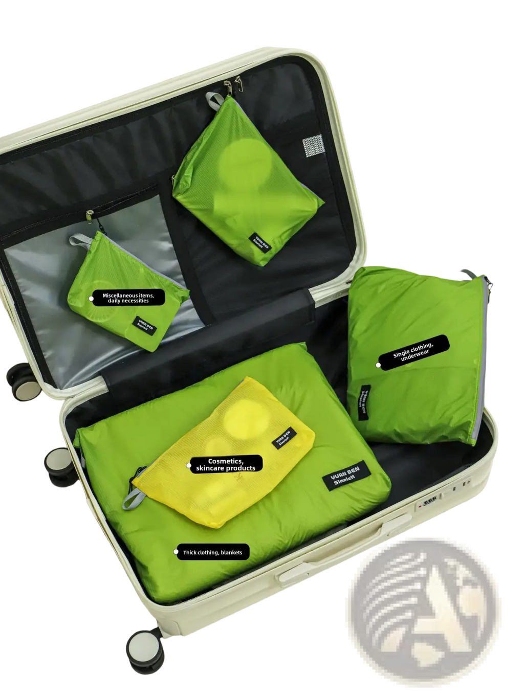 Set of lime green and yellow waterproof travel packing cubes with black zipper pulls for lightweight suitcase organization
