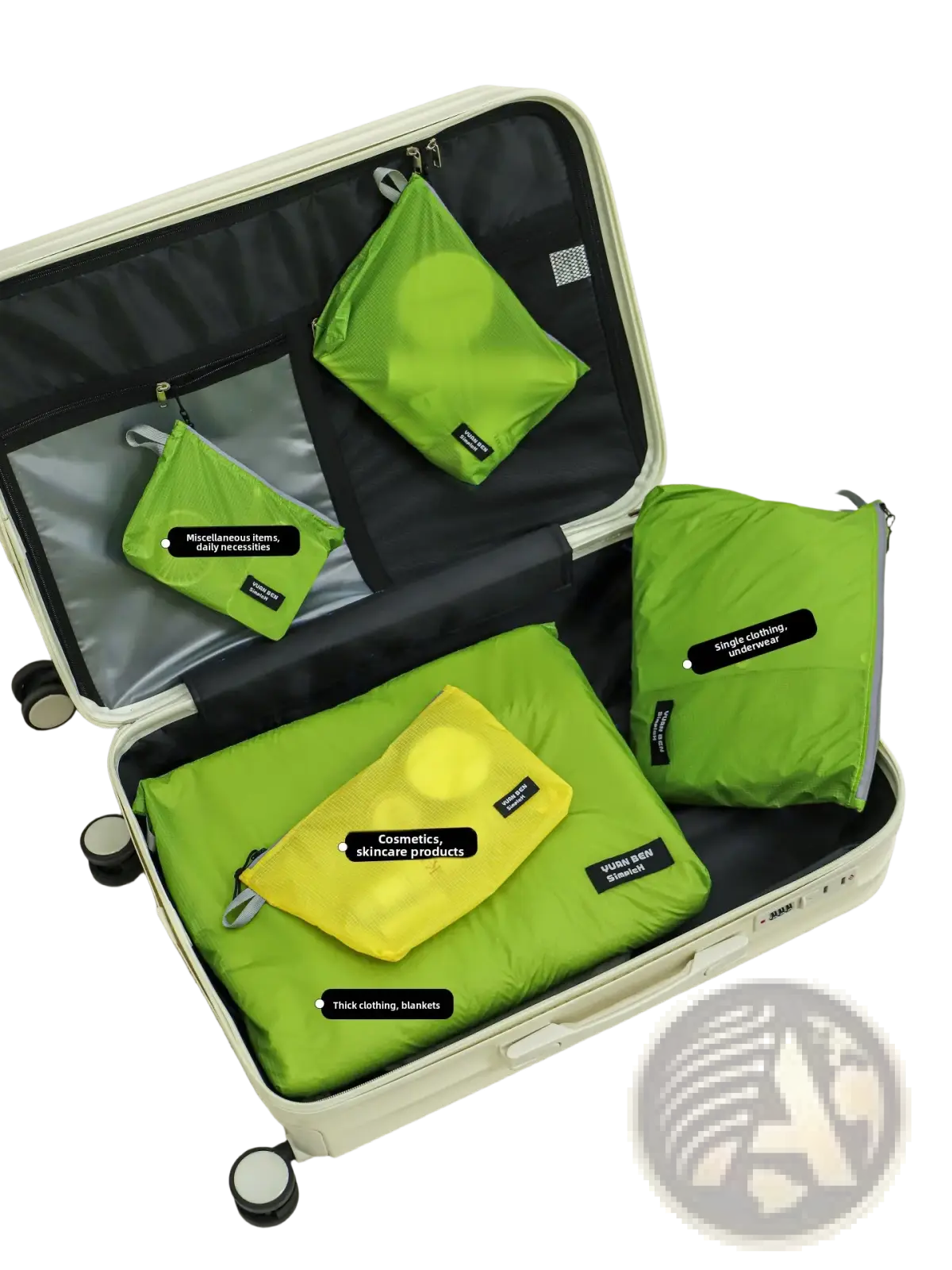 Set of lime green and yellow waterproof travel packing cubes with black zipper pulls for lightweight suitcase organization