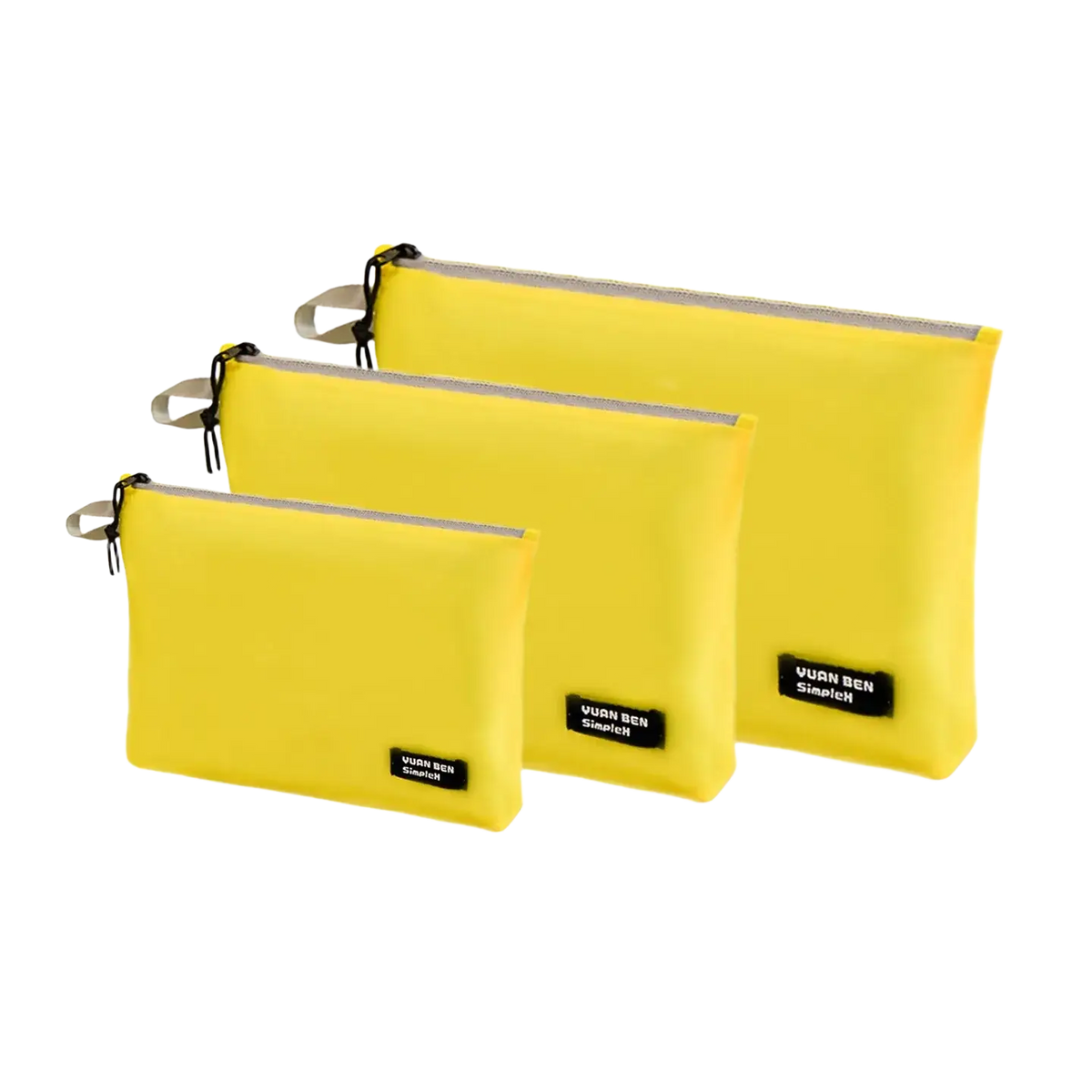 Set of three lemon yellow waterproof travel toiletry bags with zippers in small medium and large sizes for lightweight organization