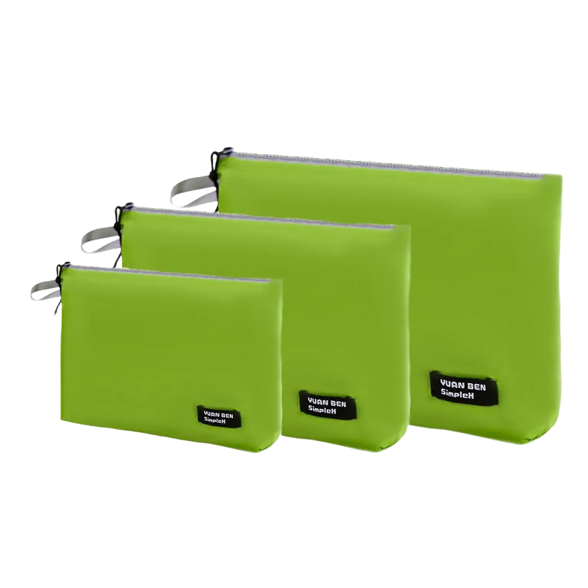 Set of three lime green waterproof travel toiletry bags in small medium and large sizes with zippers