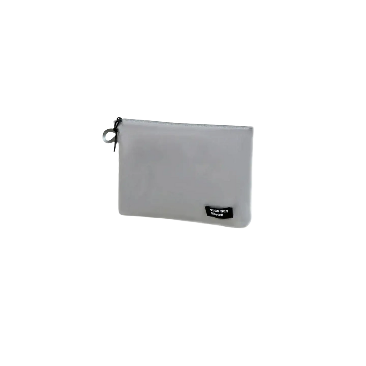 A sleek minimalist gray waterproof travel toiletry bag with black zipper pull and small branded label on corner