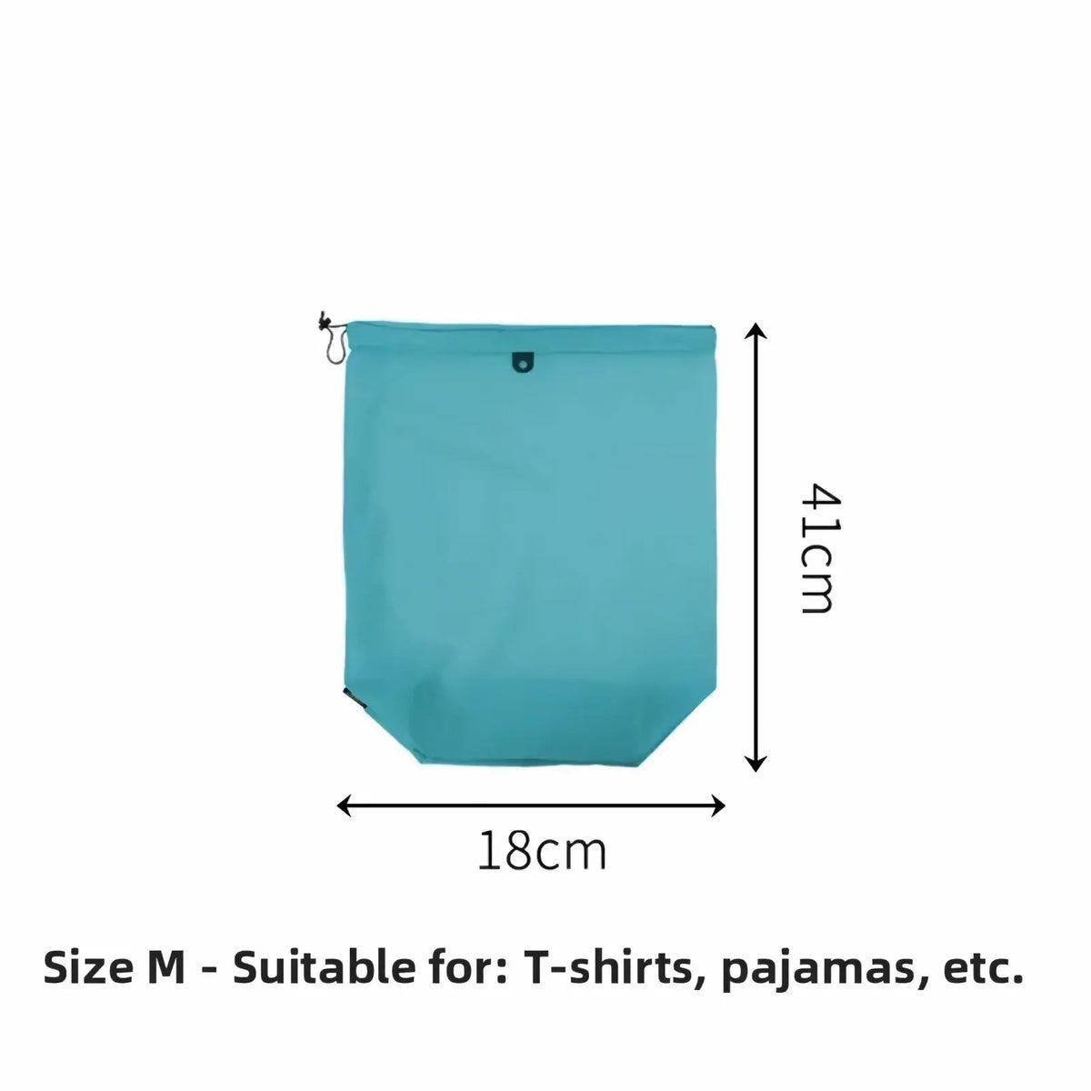 Teal-colored waterproof travel toiletry bag made of mesh fabric with drawstring closure and reinforced corners