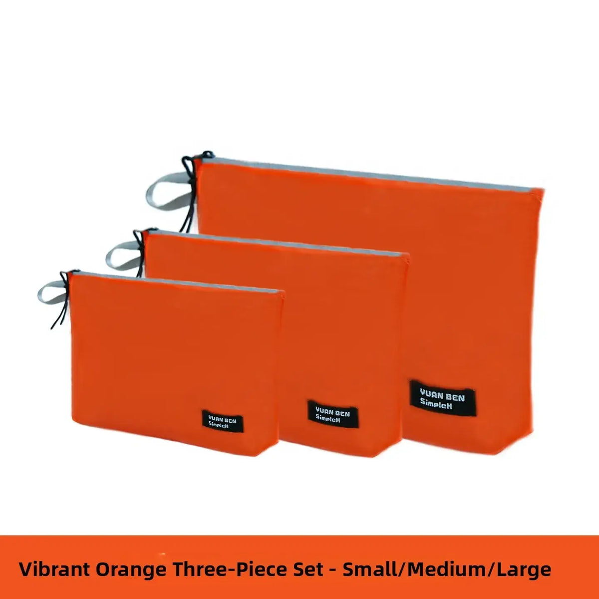 Vibrant orange waterproof travel toiletry bags in lightweight fabric with zippers in small medium and large sizes