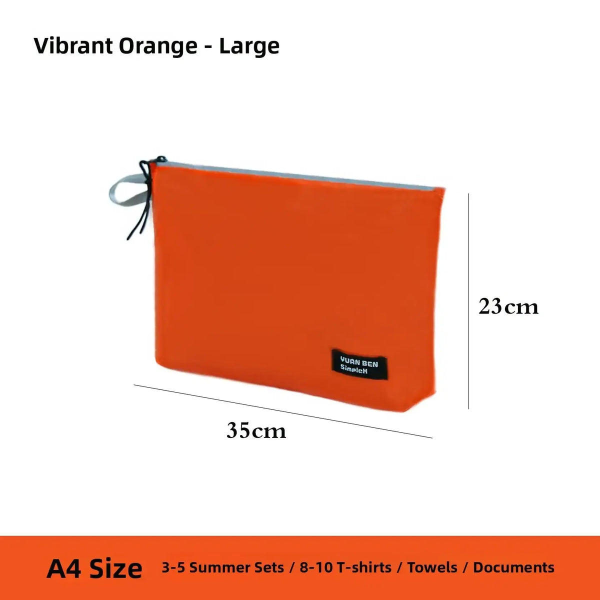 Vibrant orange waterproof travel toiletry bag with rectangular shape, lightweight design, gray zipper pull tab, and black label