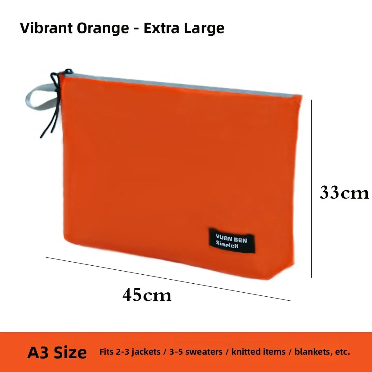 Vibrant orange waterproof a3-sized fabric travel toiletry bag with gray zipper and black drawstring handle for organization
