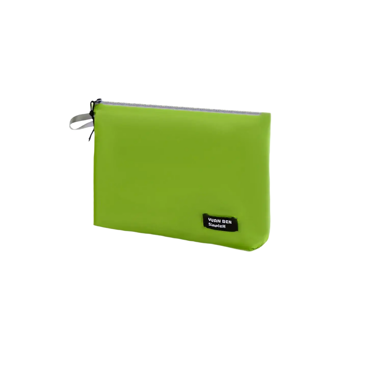 A vibrant Tanzania green waterproof travel toiletry bag with a black brand tag and A4 size measuring 35cm by 23cm