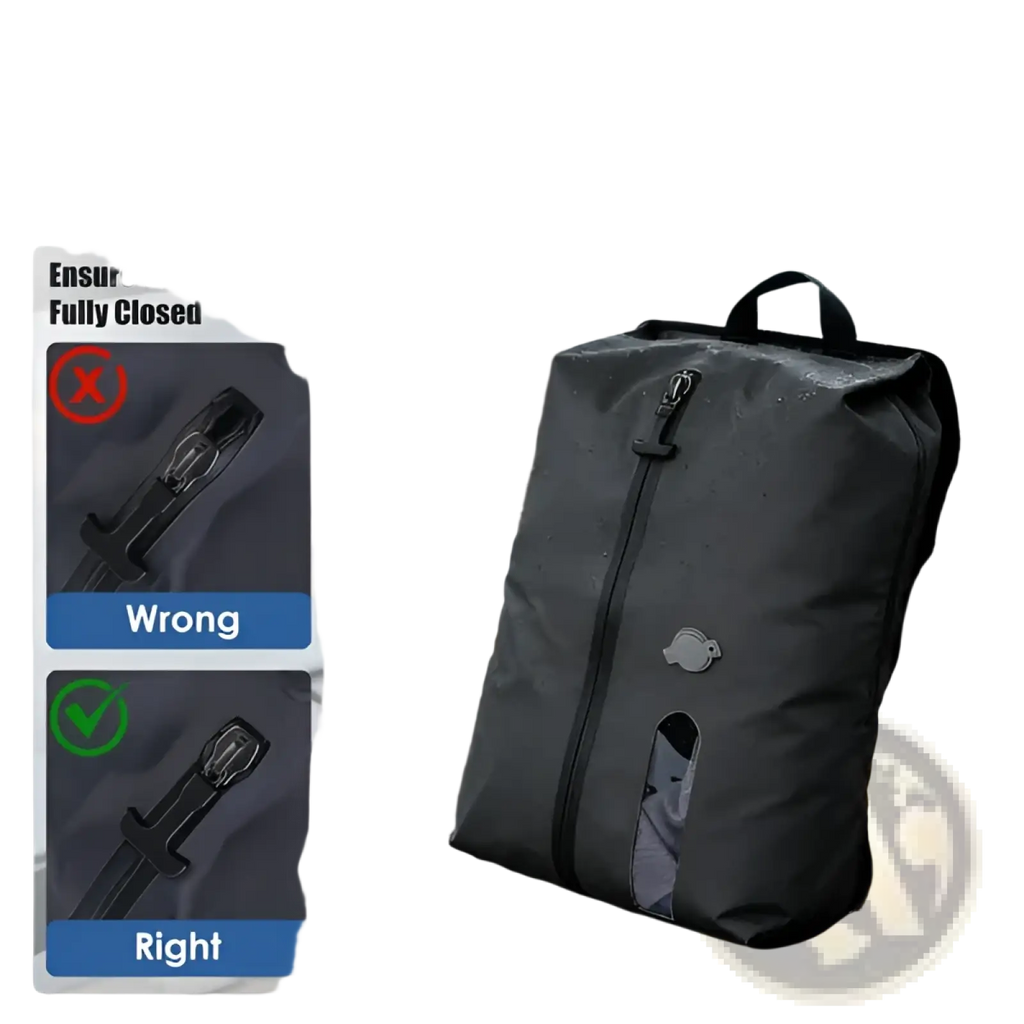 Black waterproof vacuum compression travel backpack made of nylon and TPU with roll-top zipper closure