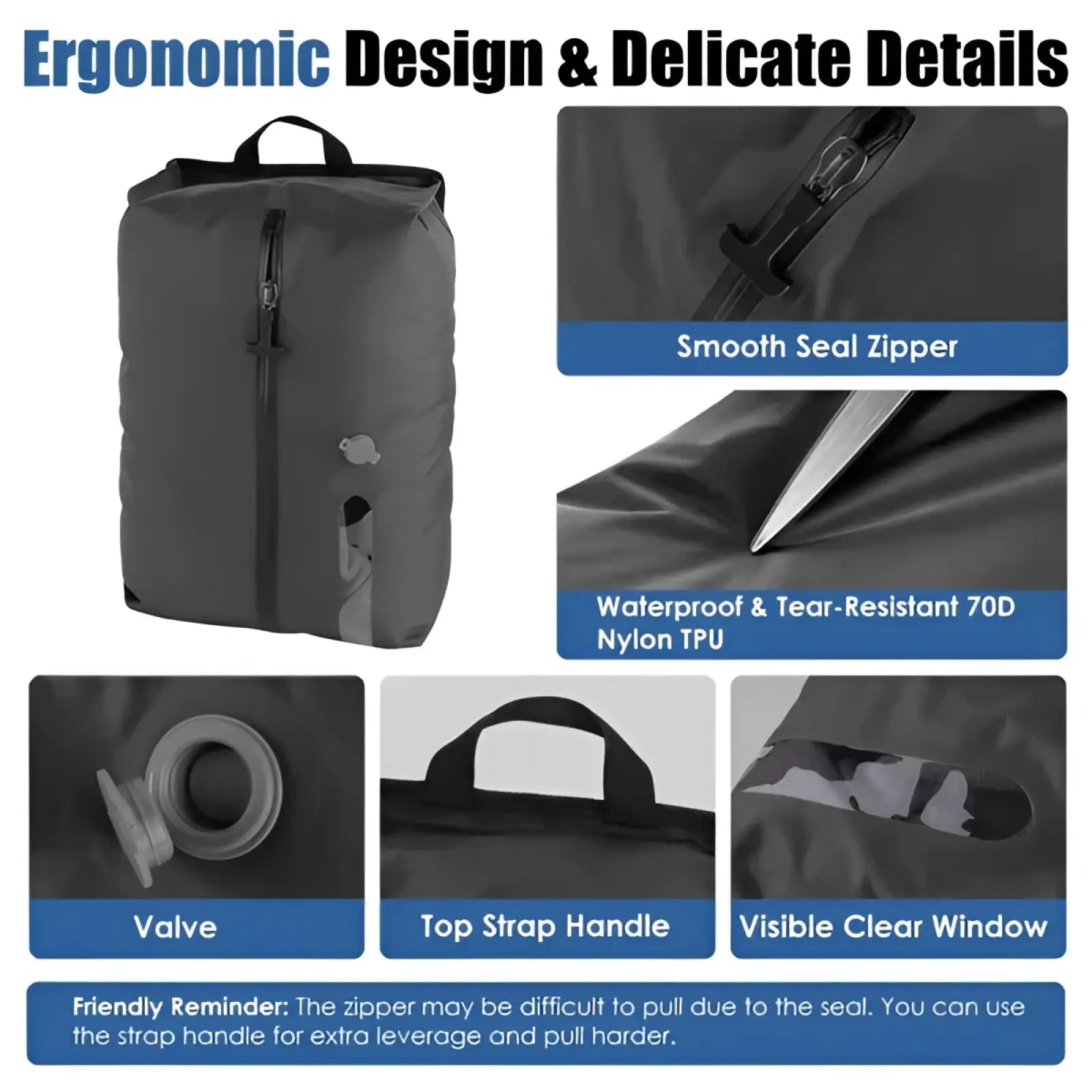 Black ergonomic waterproof vacuum compression travel backpack made of 70d nylon tpu with smooth seal zipper and clear window