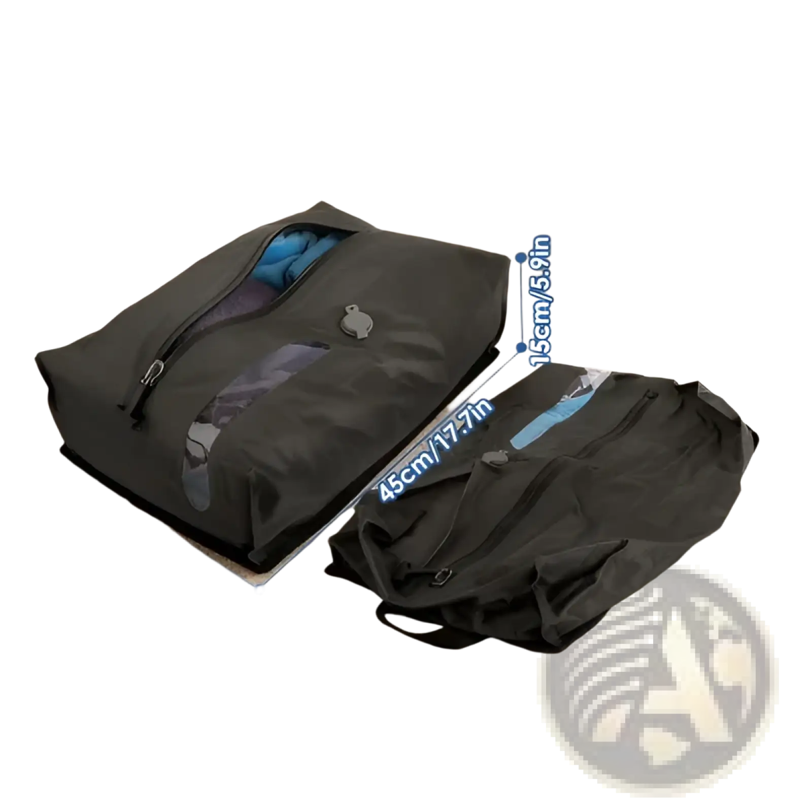 Black fabric waterproof vacuum compression travel backpack with transparent zipper window and adjustable straps
