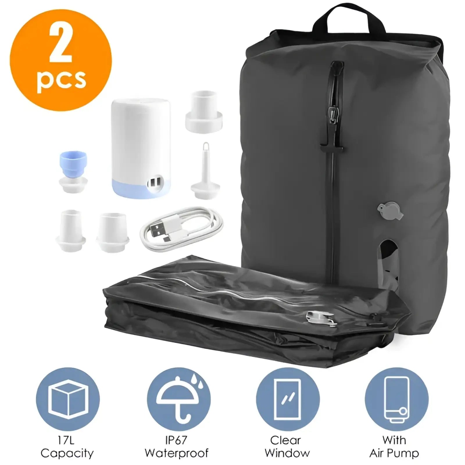 Black waterproof vacuum compression travel backpack with built-in pump and clear window shown from back side