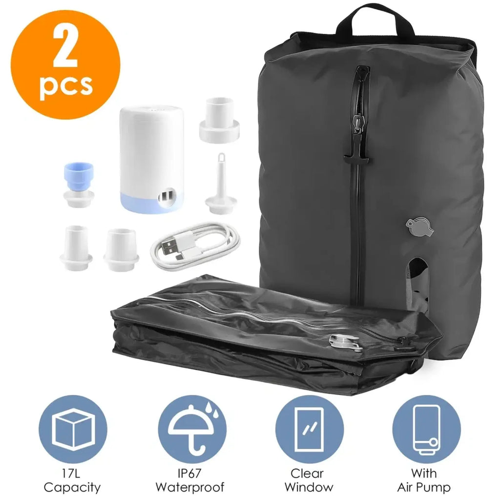 Black waterproof vacuum compression inflatable backpack with clear window and built-in air pump for travel use