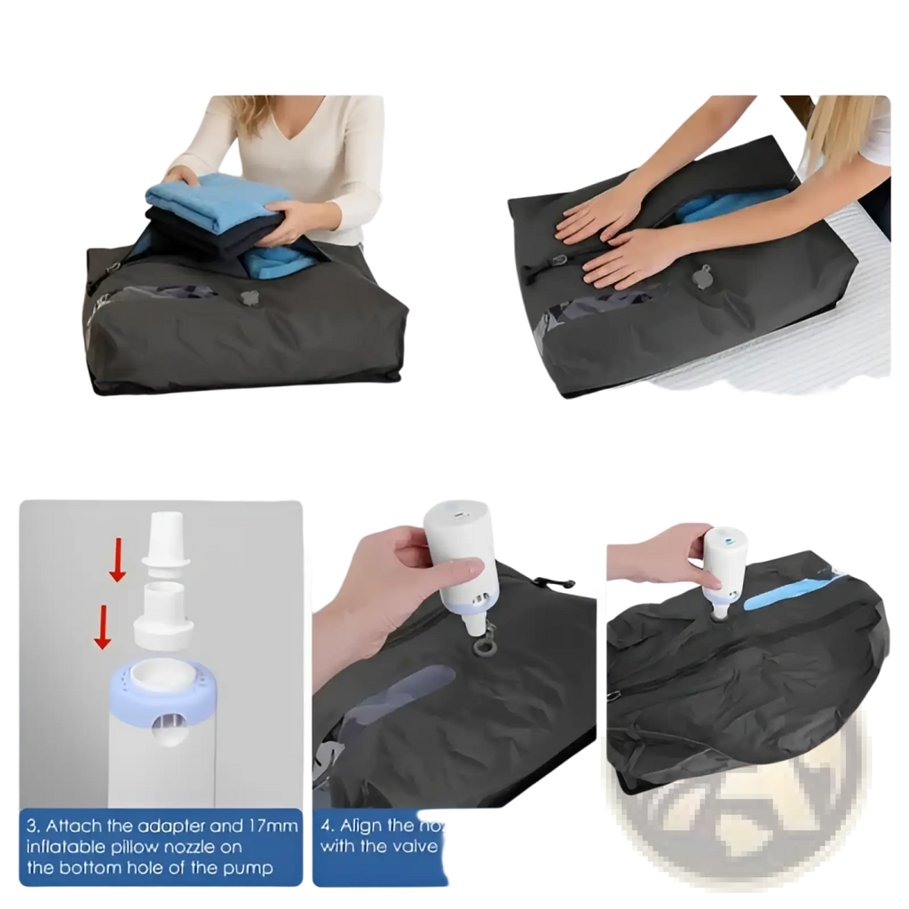 Black waterproof vacuum compression travel backpack with zipper closure and built-in pump for clothes compression