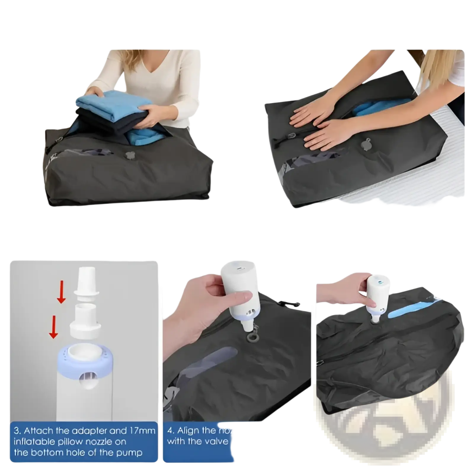 Black waterproof vacuum compression travel backpack with zipper closure and built-in pump for clothes compression