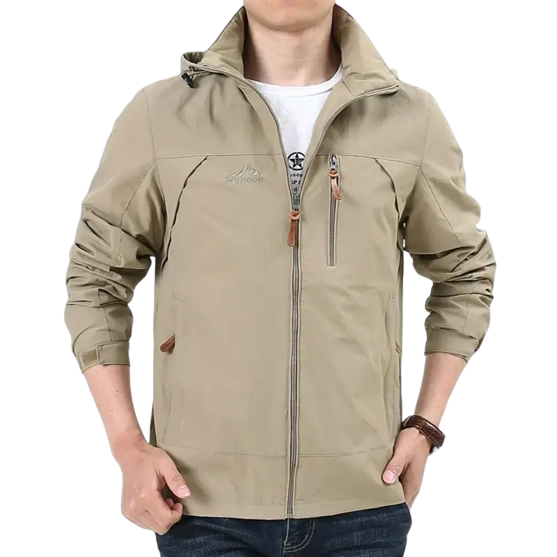 Beige waterproof windbreaker jacket men naturehike with hood zipper details and brown leather accents for outdoor use