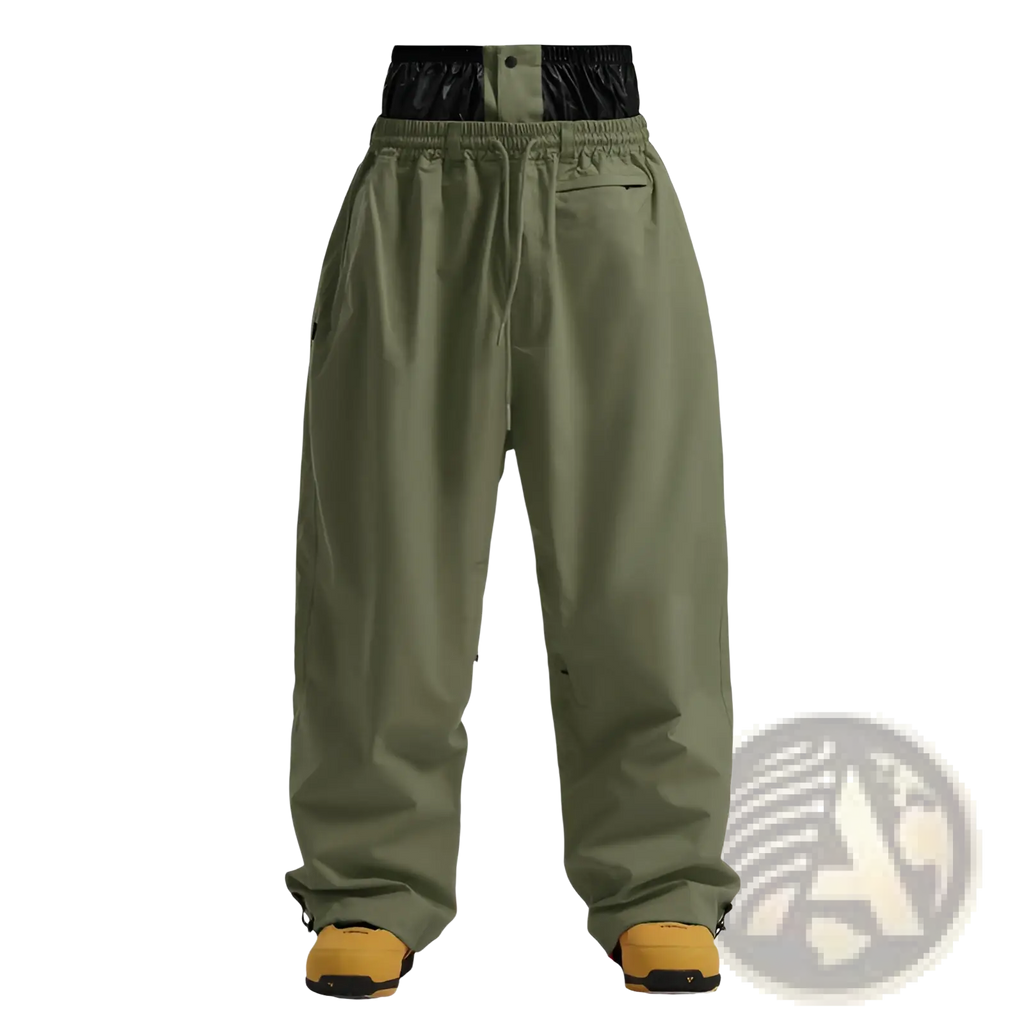 Olive green waterproof windproof snowboard pants with black elastic waistband and adjustable drawstring for work use