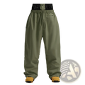 Olive green waterproof windproof snowboard pants with black elastic waistband and adjustable drawstring for work use