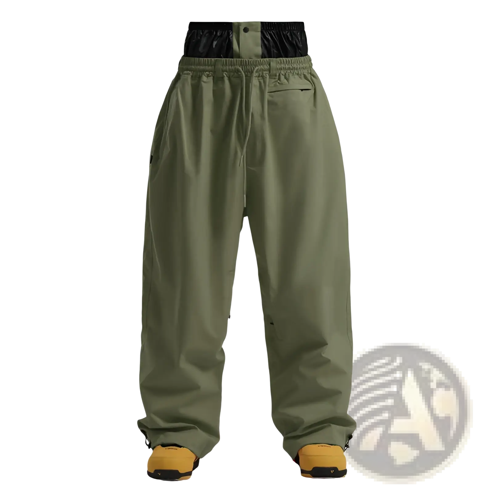Olive green waterproof windproof snowboard pants with black elastic waistband and adjustable drawstring for work use
