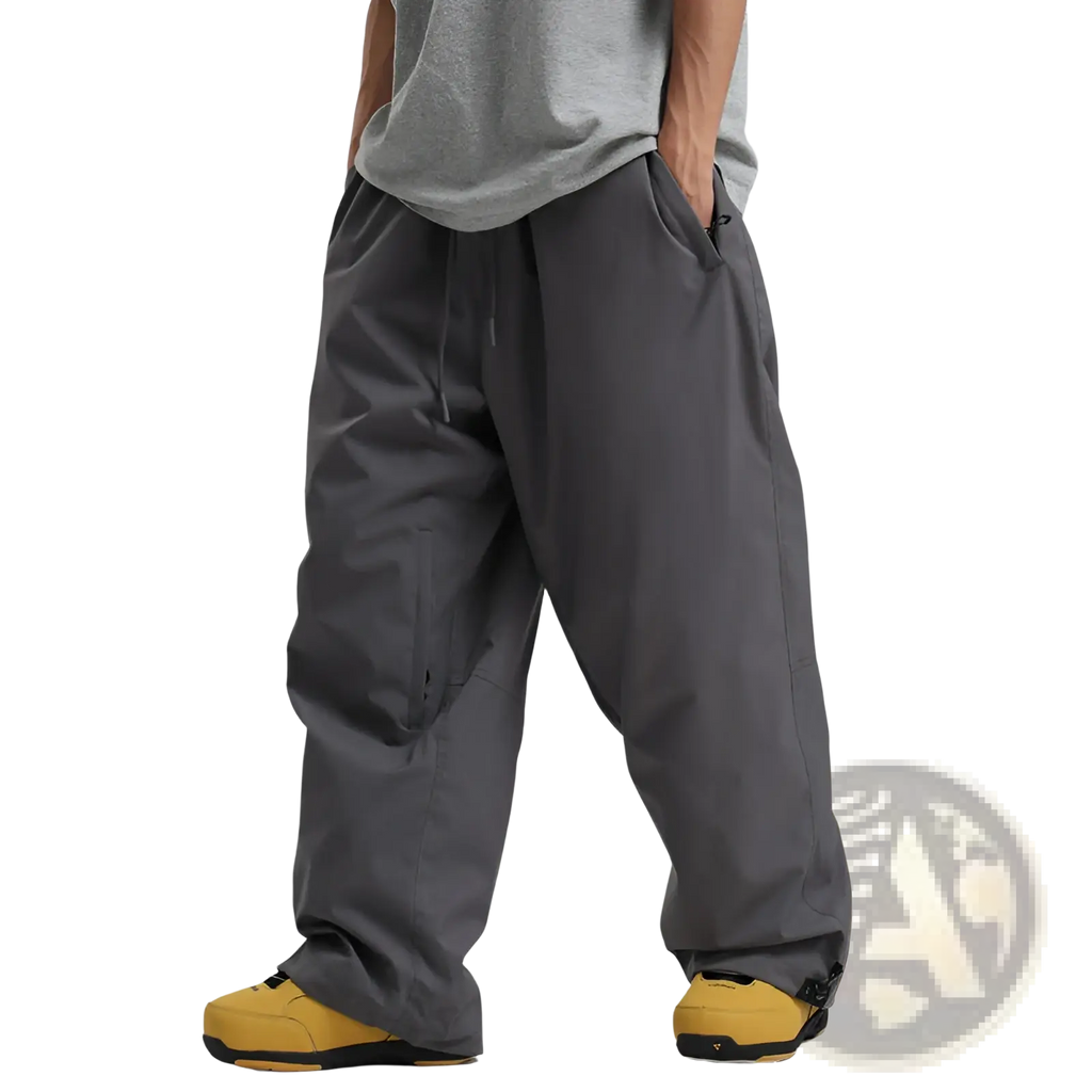 Dark gray waterproof windproof snow pants with loose fit, drawstring waist, and multiple cargo pockets for work use