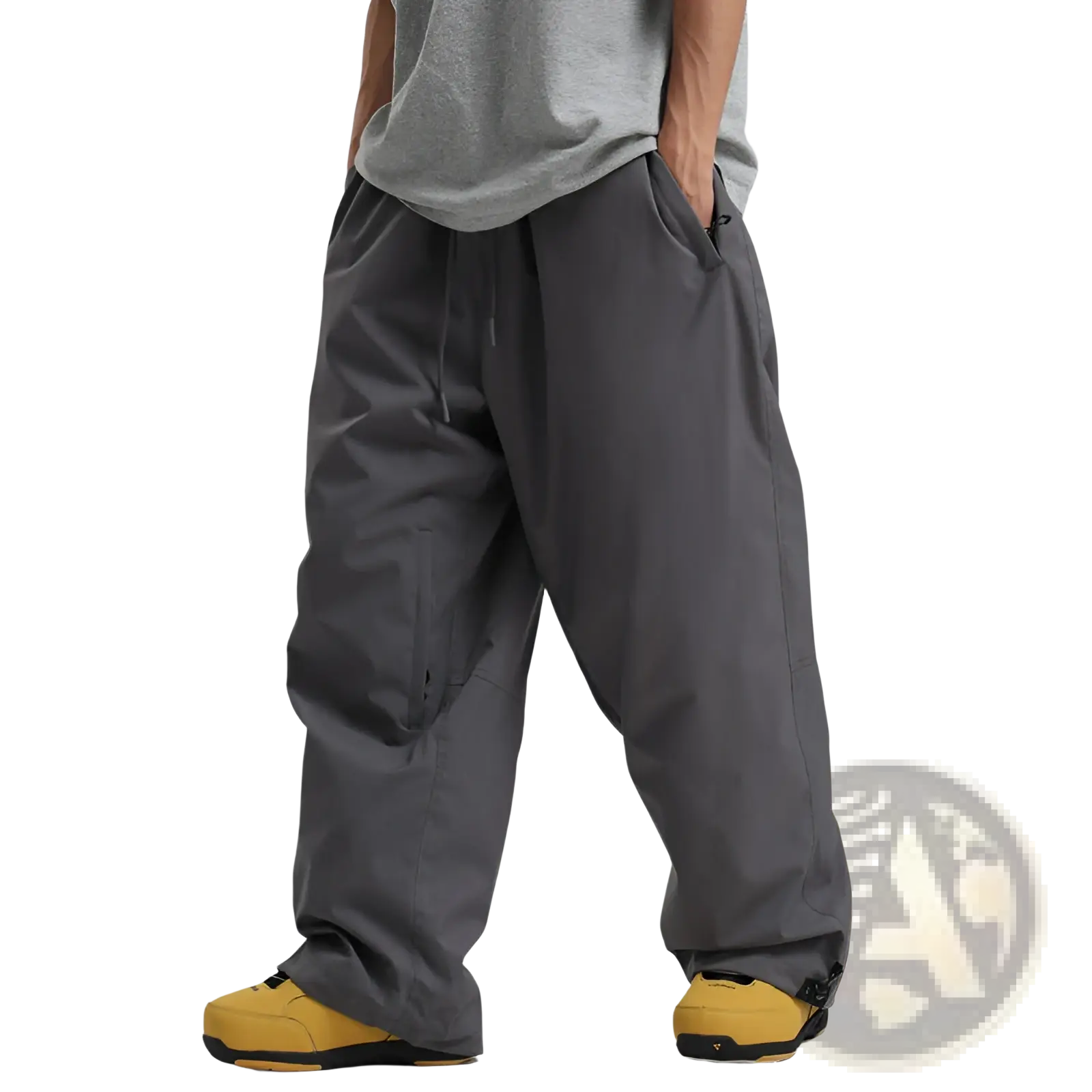 Dark gray waterproof windproof snow pants with loose fit, drawstring waist, and multiple cargo pockets for work use