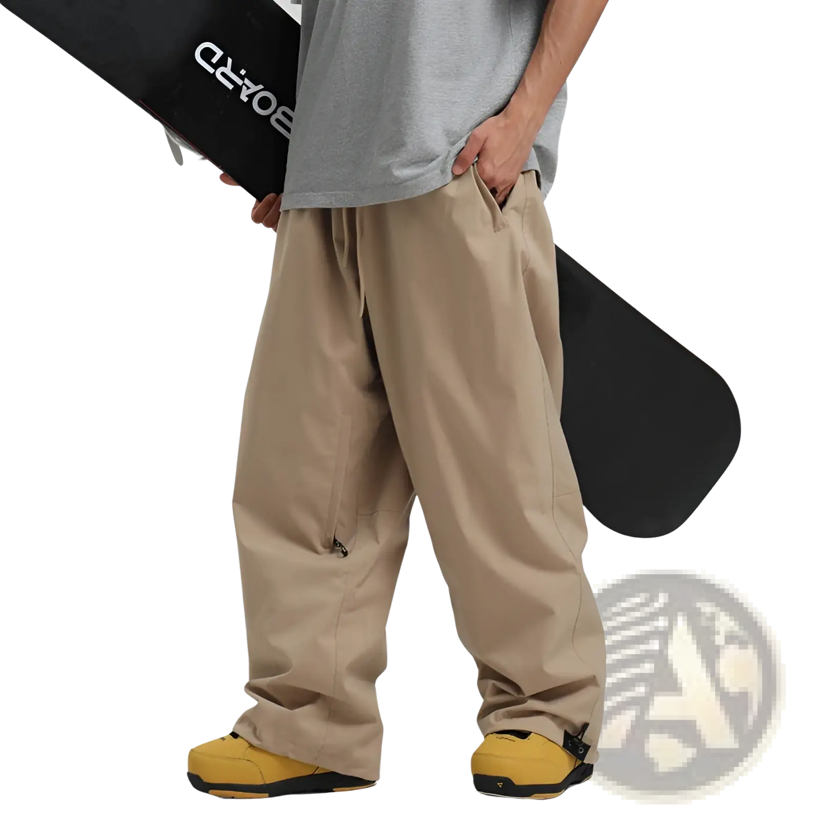 Beige waterproof windproof snow pants with a relaxed fit zippered pockets and adjustable ankle straps for work or outdoor use