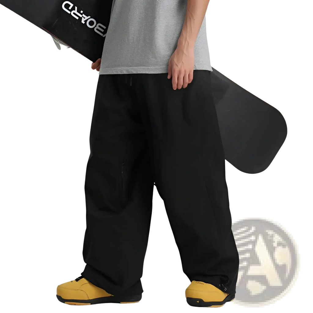 Black loose-fitting waterproof windproof snow pants with drawstring waist and side pockets for work use