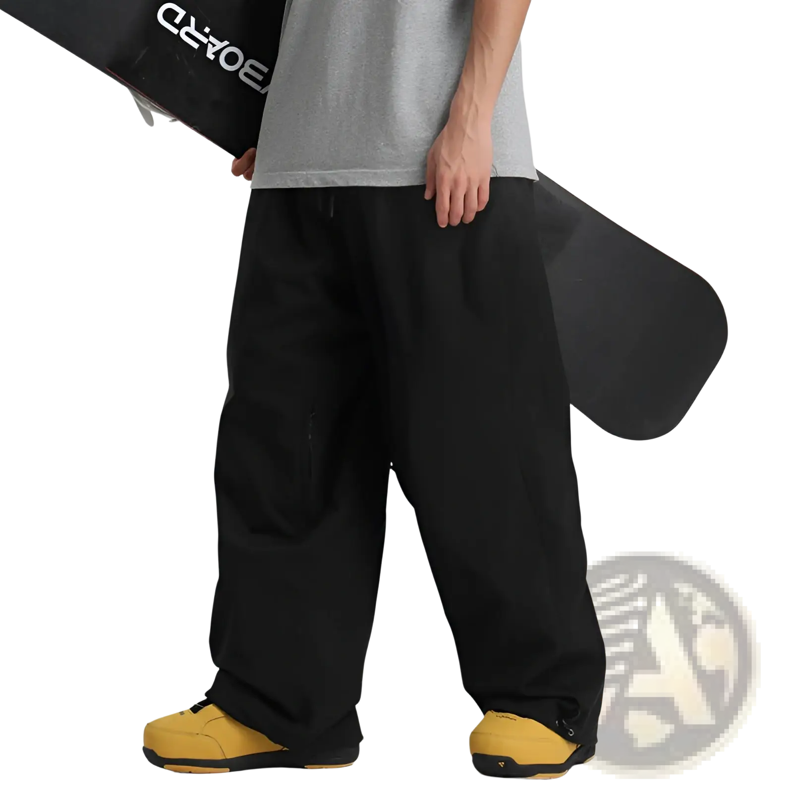 Black loose-fitting waterproof windproof snow pants with drawstring waist and side pockets for work use