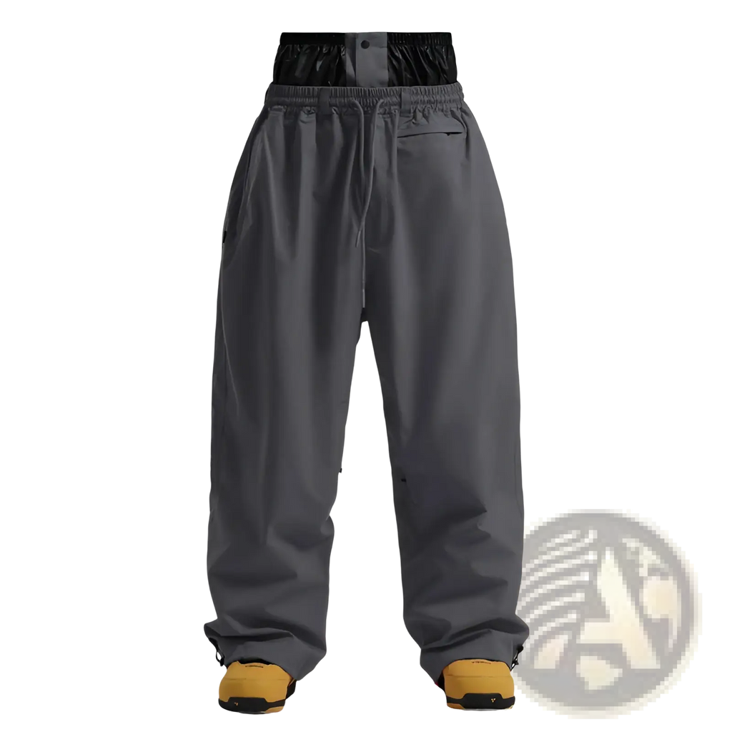 Gray waterproof windproof snow pants with black elastic waistband and adjustable drawstring made from sleek material