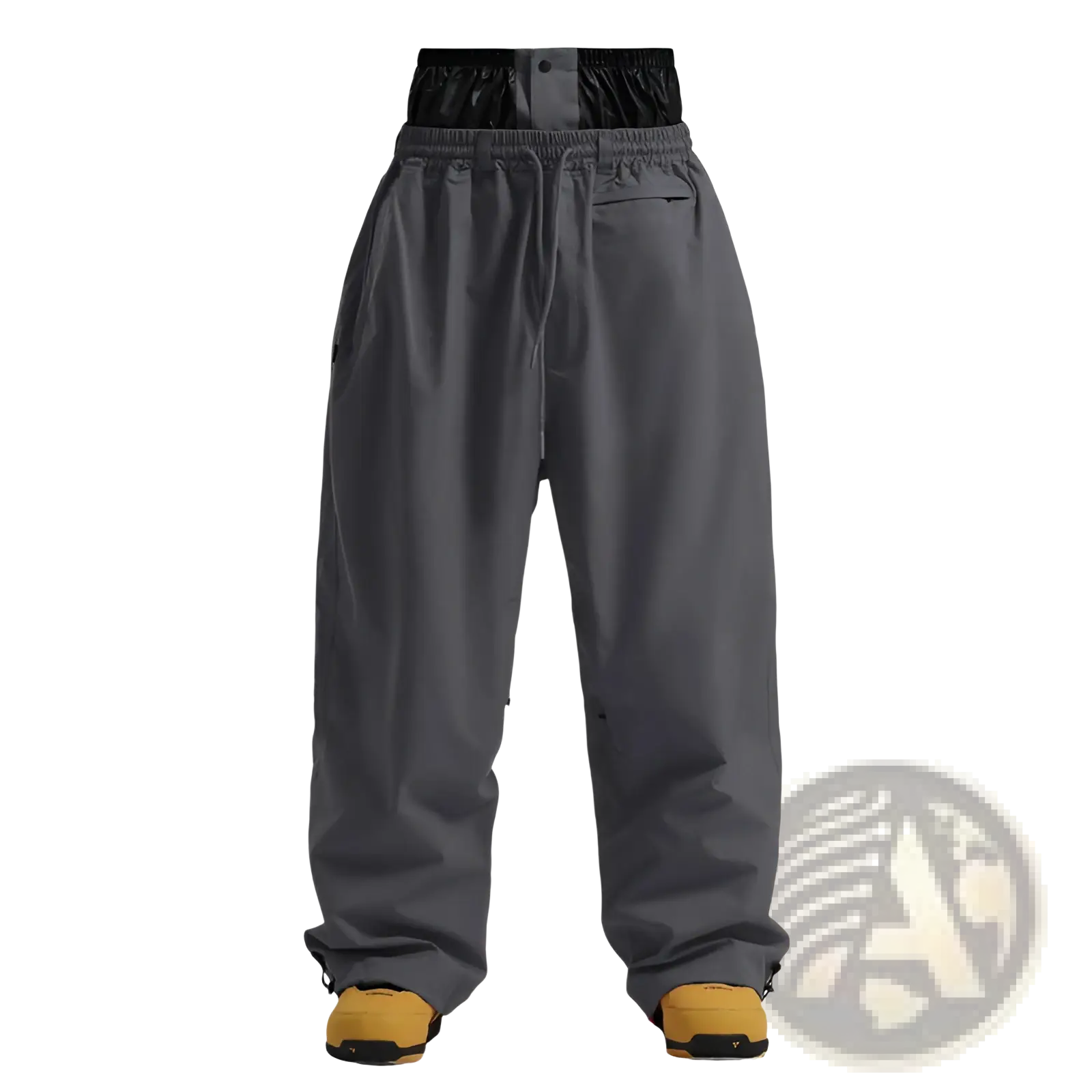 Gray waterproof windproof snow pants with black elastic waistband and adjustable drawstring made from sleek material