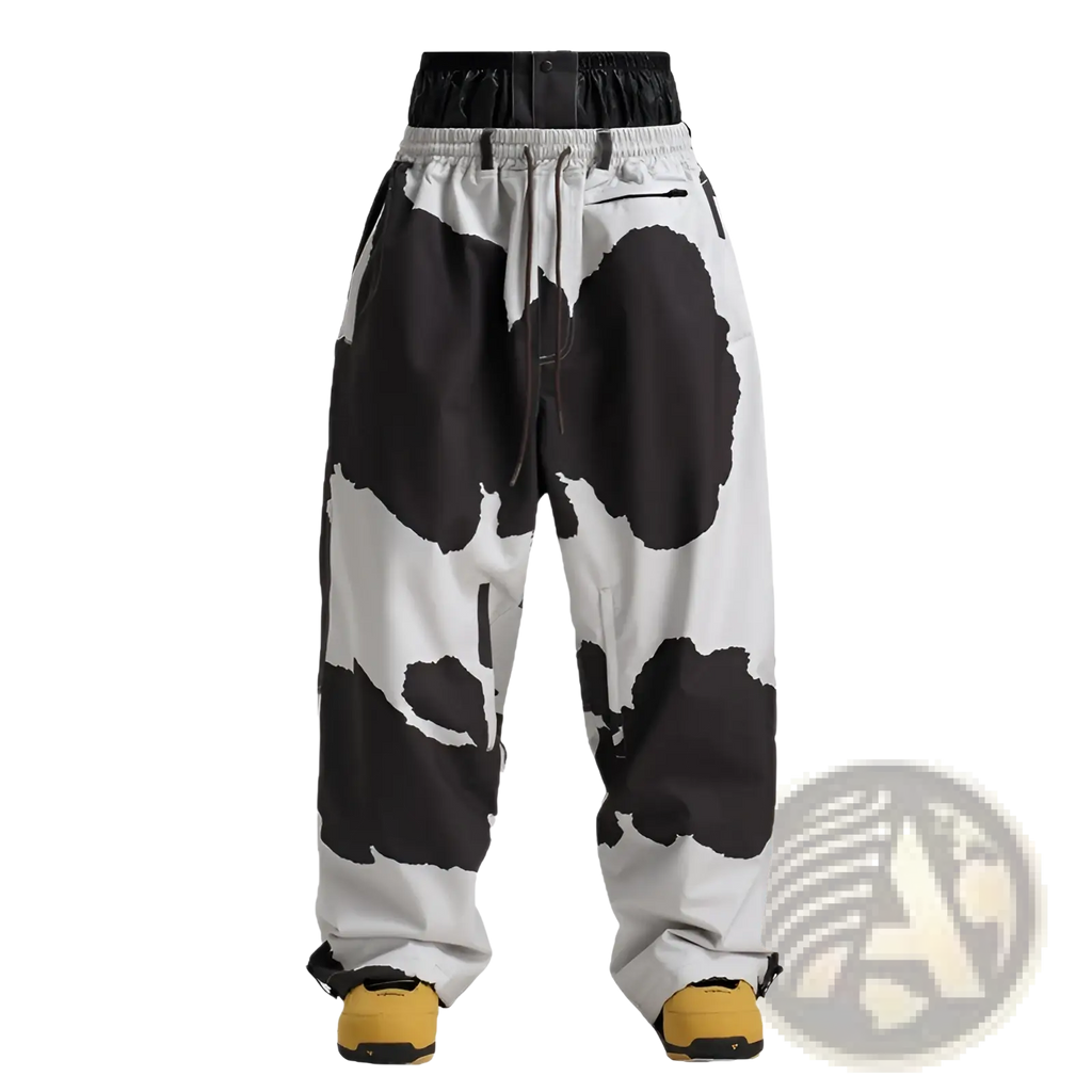 Waterproof windproof snow pants in black and white cow print with gray waistband and reinforced cuffs for outdoor work