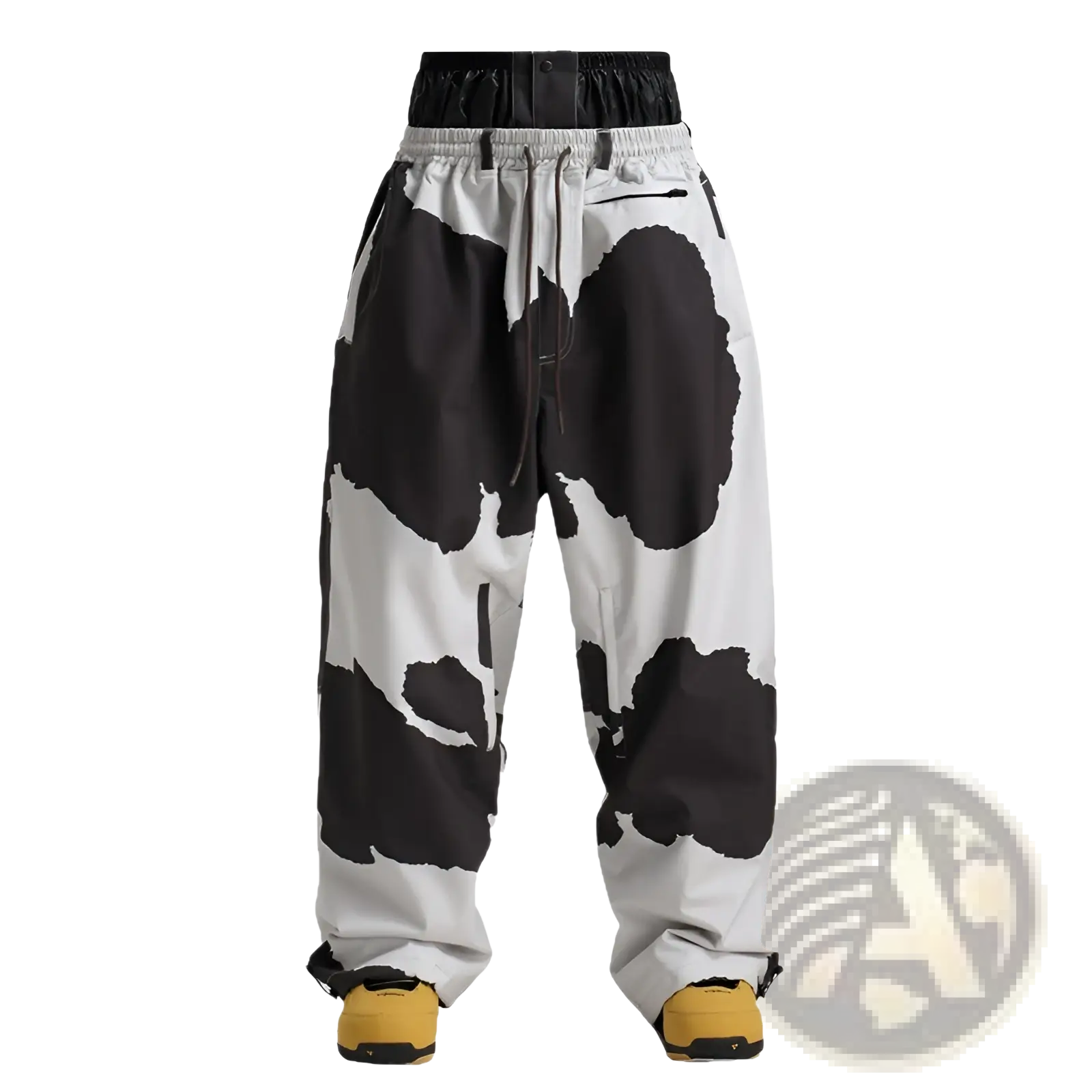 Waterproof windproof snow pants in black and white cow print with gray waistband and reinforced cuffs for outdoor work