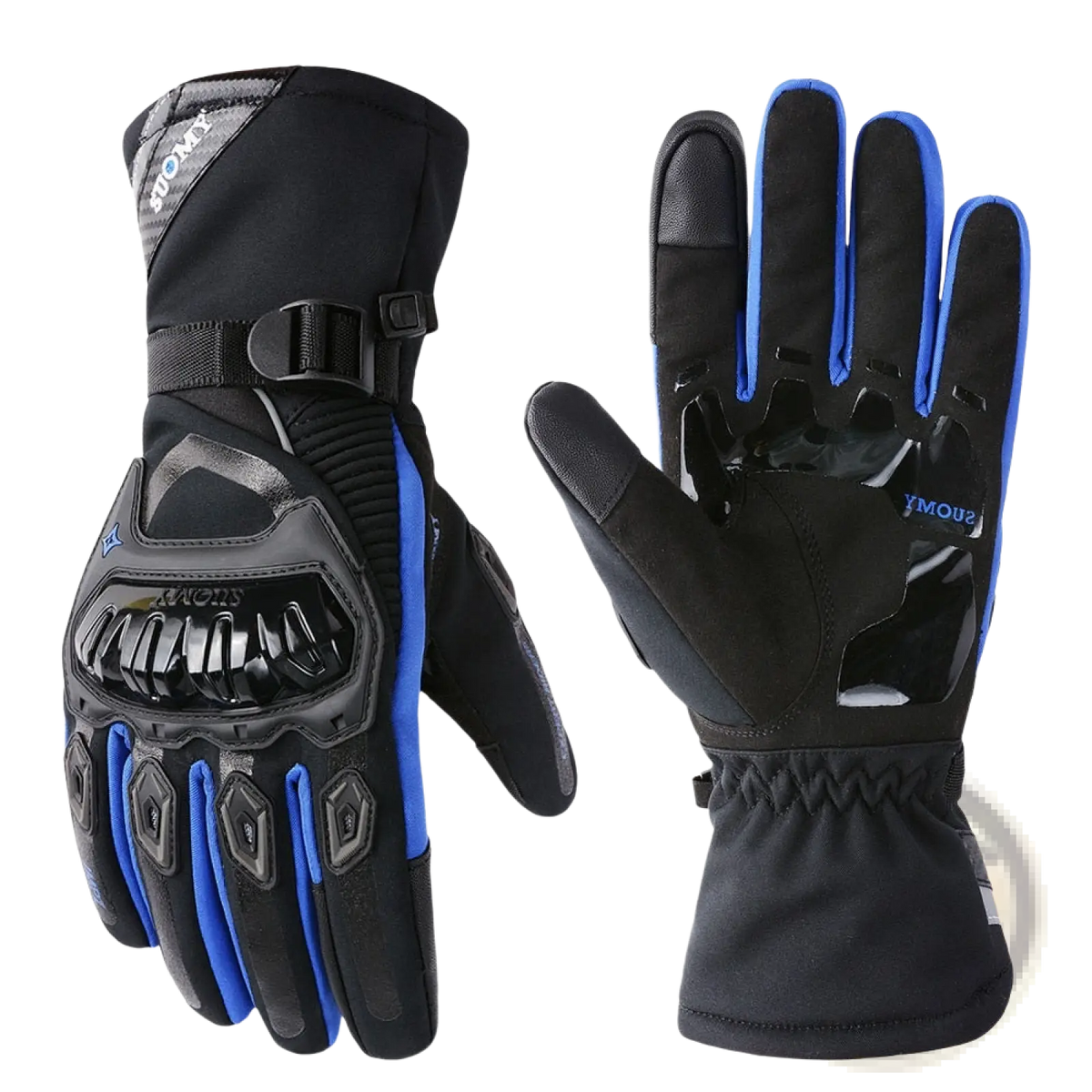 Black and blue waterproof winter motorcycle riding gloves with reinforced knuckle protection and adjustable wrist strap back view