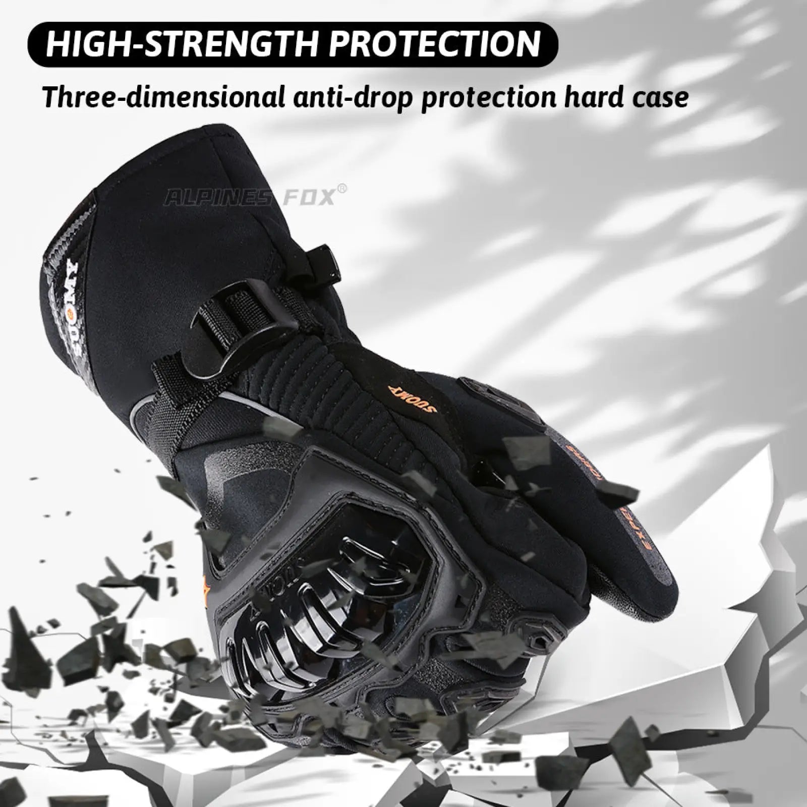 Back side of black waterproof winter motorcycle glove with reinforced 3D anti-drop protection and orange accents
