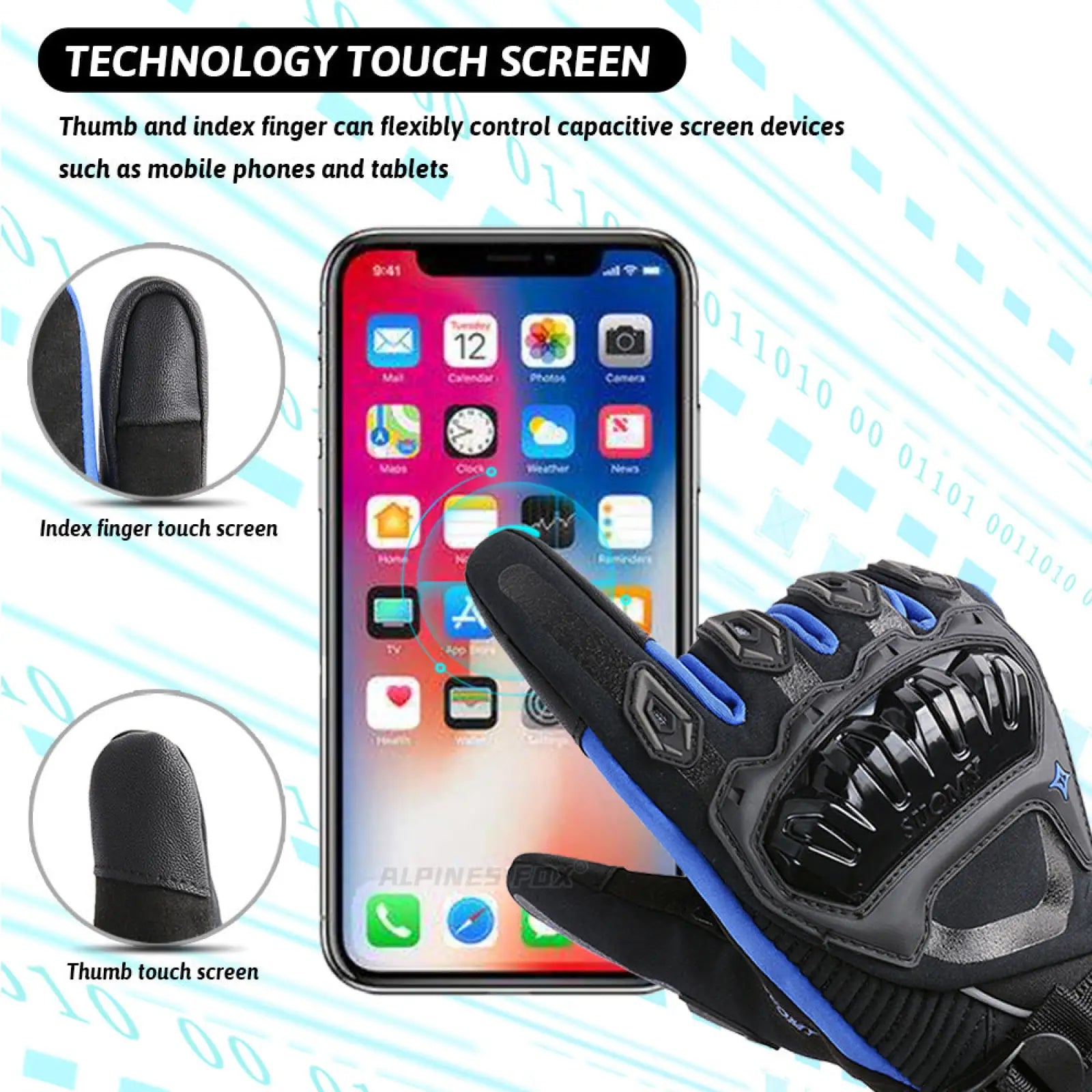 Back side of black and blue waterproof winter motorcycle riding gloves with reinforced knuckle protection
